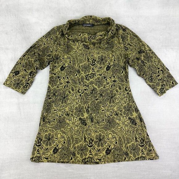 Cut Loose Blouse Womens M Green Dark Floral‎ Comfort Lagenlook Stretch USA - Picture 1 of 8
